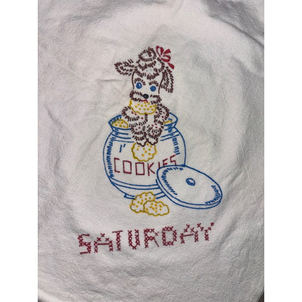 Vintage Hand Embroidered Poodle Cookie Jar Saturday Flour Sack Kitchen Towel